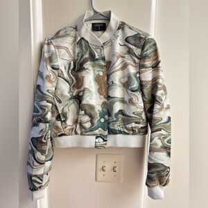 T Tahari Marble Print Bomber Jacket - Green, Brown, White
